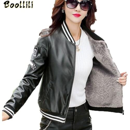 Boollili 5XL Motocycle Jacket Faux Sheepskin Coat New Red Leather Jacket Women Short Thick Baseball Coats Bomber Leather Jackets