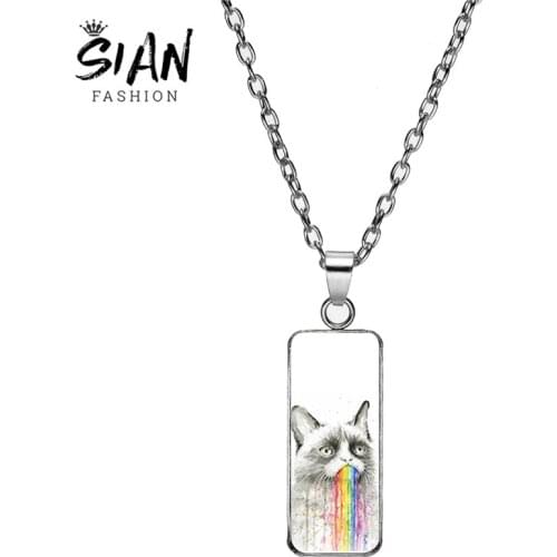 SIAN Cute Cat Pet Pendant Classic Animal Art Piecture Necklace For Women Man Rectangular Glass Metal Chain Jewelry Child Gift