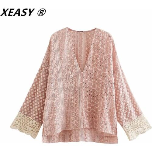 XEASY Za Woman Summer 2021 Retro V-Neck Hollow Long Sleeve Stitching Lace Embroidered Shirt Top