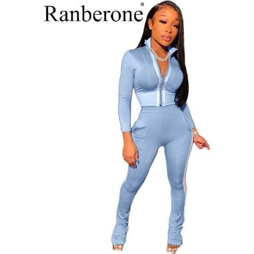Ranberone Suit Women Sport Splice Two Piece Set Zipper Crop Top Pocket Leggings Suit Female Plus Size Tracksuit Wives Outwear