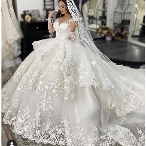 Lace wedding dresses 2020 v neck long sleeve puffy bridal dresses ruffle tiered vintage puffy bridal dresses vestidos