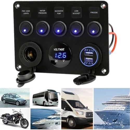 Nice Car Boat 5 Gang Switch Panel USB Charger 12V Inline Socke-t LED Voltage Display
