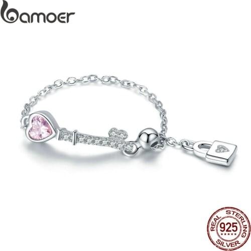 BAMOER Trendy New 925 Sterling Silver Love Heart Lock Key Chain Rings for Women Wedding Engagement Jewelry Anel SCR425