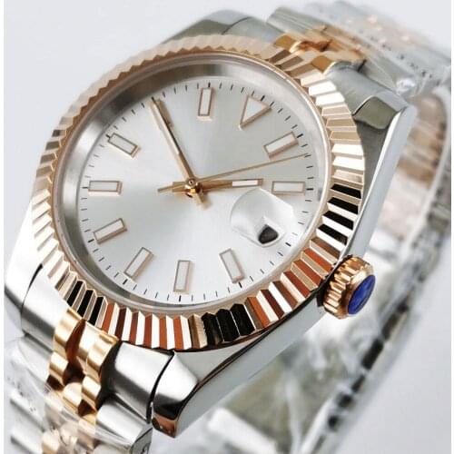 36mm Silver sunburst dial Two Tone Rose Fluted Bezel Mechancial Mens Watch 21 jewels MIYOTA 8215 Glide Lock Clasp Sapphire Glass