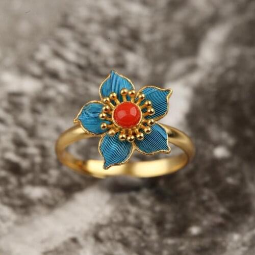 Natural south red tourmaline flower opening ring Chinese style retro palace style unique ancient gold craft silver jewelry