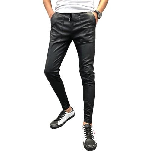 Autumn and Winter PU Leather Pants Mens Windproof Waterproof Motorcycle High Elastic Slim Solid Color Leather Pants Thick