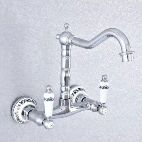 Polished Chrome Wall Mounted Kitchen Bathroom Sink Basin Faucet Tap Dual Handle Swivel Spout Hot Cold Water Tap Lsf769
