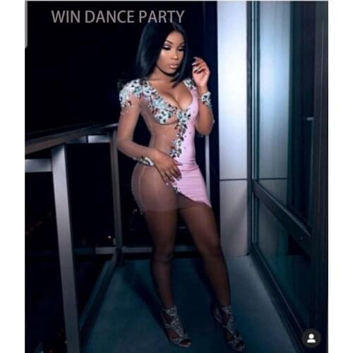 Pink Crystals Pearls Dress Sexy Nude See Through Nightclub Party Birthday Outfit Bling Rhinestones Singer Stage Costume Dance