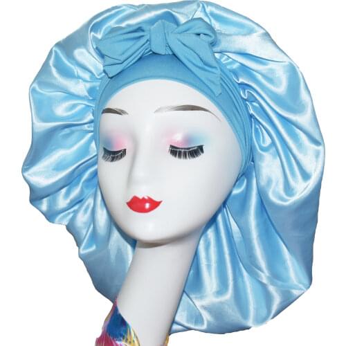 Hot sell blue Wide tie band bonnet custom hair silk with logo bonets sleeping cap vendor