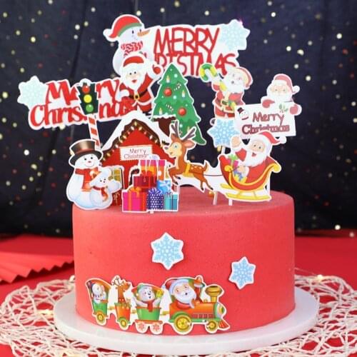 Christmas Cake Topper Santa Gingerbread House Train Tree Elk Insert Card Xmas New Year Eve Party Decoration Kids Favor Supplies
