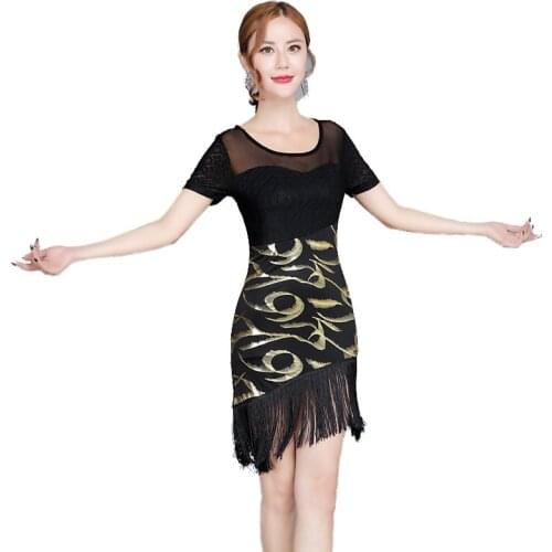 Women Latin Dance Fringe Skirt Lace Short Sleeve Printing Ballroom Costume Performance Practice Dance Dress Tassel Belly Clothes