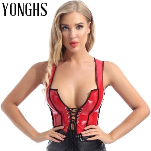 Womens Pole Dance Sexy Crop Top Lace-up Front Patent Leather Rave Costume Wet Look Shiny Sleeveless Tank Top Short Vest Clubwear