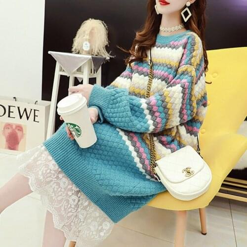 Mid-length Colorful Striped Women Knit Pullovers Sweater Dress Loose Oversized Lantern Sleeve Casual Autumn Warm Knitted Tops