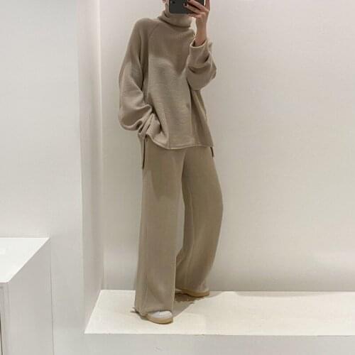 Women Vintage Knitted Two Piece Sets New Spring Atuumn Loose Turtleneck Sweater and Straight Pants Outfits Woman Tracksuits