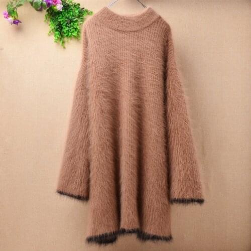 Female thicken warm mink cashmere winter long o-neck plush angora rabbit fur knitted flare sleeves pullover sweater dress women