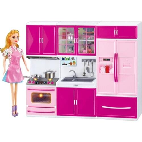 NEW 3 in 1 36.9*6.8*31.3CM with Cute Doll Figure Pretend Play Toys Kitchen Stove Sink Dollhouse Girl Gift 1/12 Accessories