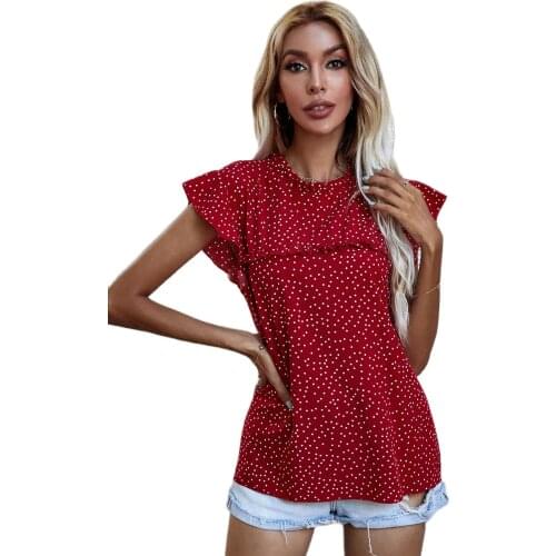 Summer Polka Dot O-neck Red T-shirt Top Women Butterfly Short Sleeve Ruffled Casual Slim Pullover Tee Sweet Top Streetwear Femme