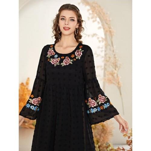 Donsignet Muslim Dress Women National Floral Embroidery Long Dress Loose Waist Black Dress Dubai Turkey Arab Robes