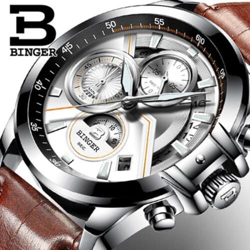Genuine Luxury BINGER Brand Mens Quartz Sports Stopwatch Watches Calendar Calendar Male Leather Strap Luminous Waterproof Table