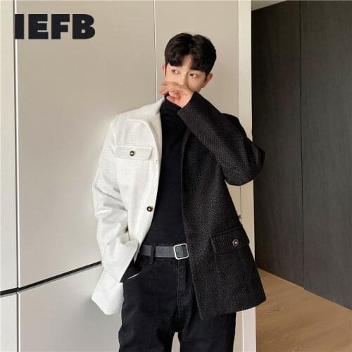 IEFB streetwear color block tweed thickened suit coat for men autumn winter single breasted black white blazers males new 9Y4397