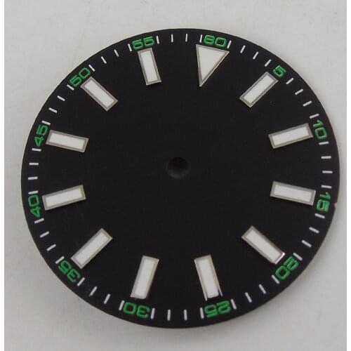 Nologo Black Watch Dial 29mm Green Marks fit NH35A MIYOTA 8215 8205 MINGZHU 2813 Date Display