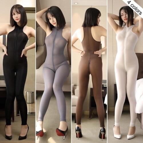 Ice Silk Sleeveless Double Zipper Open Crotch Bodycon Tights Bodycon Jumpsuit Transparent Catsuit Babydoll Bodystocking Lingerie
