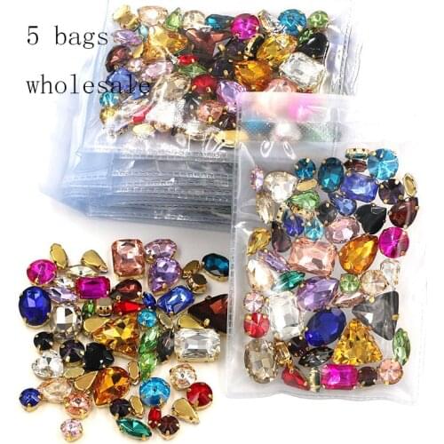 Wholesale 5 bags mixed shape mix colors gold base sewing glass crystal rhinestones for clothing/wedding dress