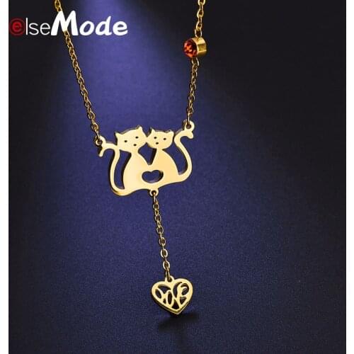 ELSEMODE Cute Cat Lover Hollow Heart Pendants Necklaces Cubic Zirconia Stainless Steel Lucky Necklace Female Women Charm Gifts