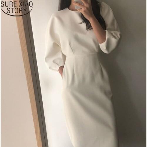 Elegant Ladies Office Dress Fashion Sexy Solid Dress Women Slim O-neck Puff Midi Dress OL Chic Vestidos Sheath Dresses 12089