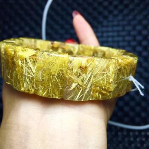 Genuine Brazil Natural Gold Rutilated Quartz Crystal Rectangle Beads Stretch Charm Bracelet