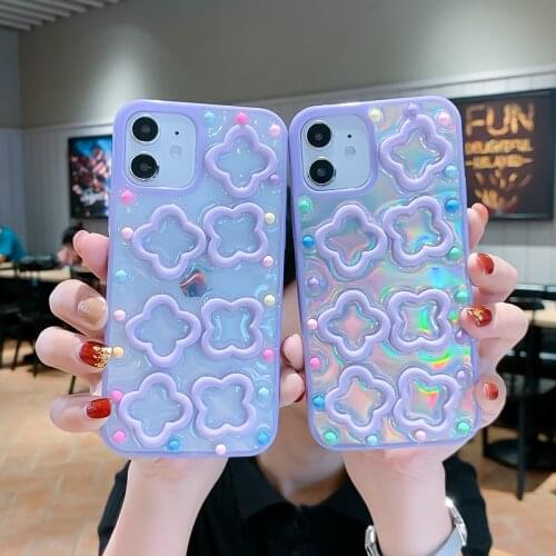 Epoxy Glitter Sequins Purple Flower Clear Soft TPU Case for iPhone 12 Mini 11 Pro XS Max XR Colorful Beads Laser Paper Cover