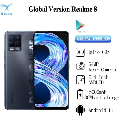 Realme 8 RU Version Smartphone Helio G95 Octa Core 64MP Quad Camera 6G 128G 6.44"inch AMOLED Display 5000mAh Battery 30W Charge