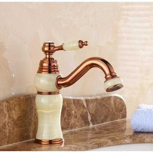 Vidric Hot Rose Cold/Gold Bathroom Basin Faucet Single Hole Deck Mounted Mixer Tap Natural Jade Plating Jade Basin Sink Mixer