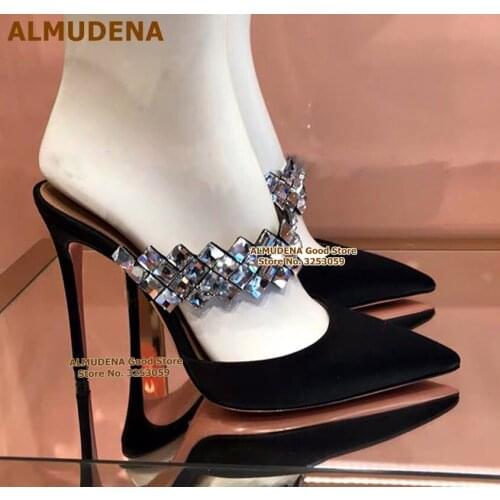 ALMUDENA Bling Bling Crystal High Heel Shoes Sparkling Beaded Strap Wedding Shoes Glitter Gem Embellished Sandals Stiletto Heels
