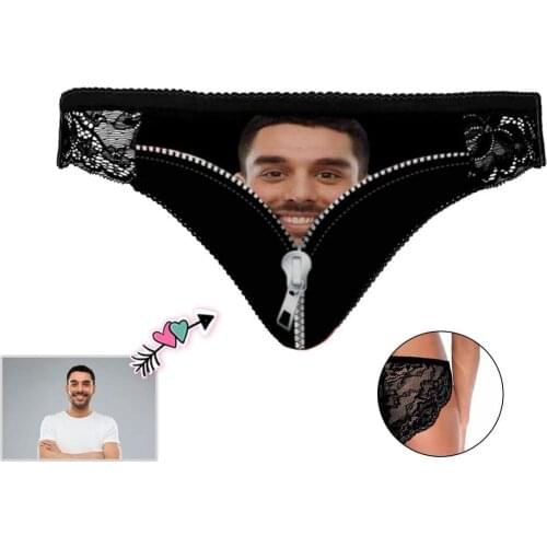 YesCustom Face Photo Black Zipper Underwear V-String Briefs Personalized Women Lace Panty Anniversary Birthday Gifts Girlfriend