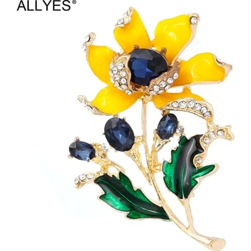 ALLYES Yellow Enamel Flower Brooches for Women Fashion 2020 Beautiful Large Cyrstal Rhinestone Plant Brooch Female Jewelry Gift