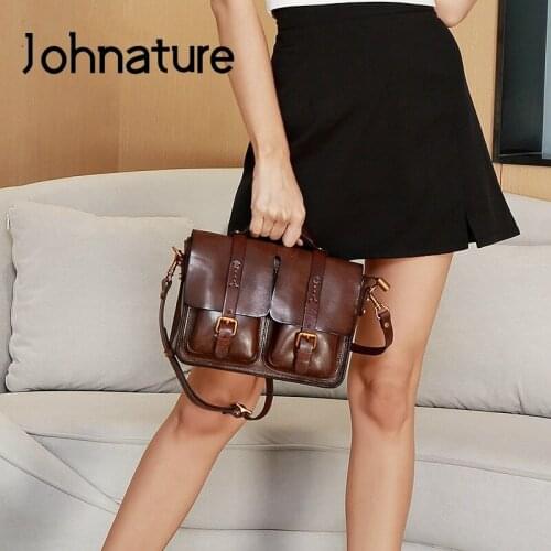 Johnature Luxury Handbags Women Bags Designer 2021 New First Layet Cow Leather Vintage Versatile Female Shoulder Messenger Bags