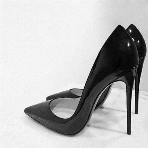 Hot Selling Black Patent Leather Pointed Toe High Heel Pumps 12CM Slip-on High Stiletto Heels Pumps Women Shoes Customized