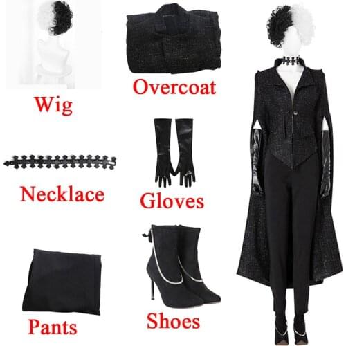 Cruella De Vil Cosplay Costume Overcoat Uniform Women Long Sleeves Black Windbreaker Outfits Uniform Adult Halloween Party