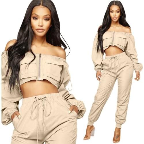 Autumn Women Two Piece Set Long Sleeve Crop Top Pullover Top and Jogging Pants Set Khaki 2 Piece Set 2019 Fashion Outfits Women