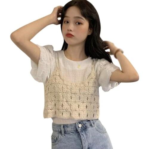 Cut Out Knitted Vest Womens Retro Crochet Short Suspender Korean Style Boho Tank Tops