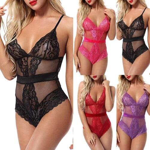 Plus Size Sexy V-neck Lace Straps Teddies Womens Erotic Lingerie Transparent Mesh Sex Underwear Backless Bandage Sexy Lingerie