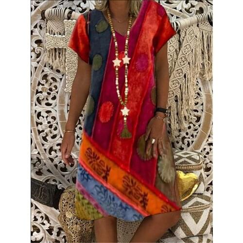 Womens Dress 2021 Summer New Fashion Womens Vintage Printed Loose Casual Short Sleeve Plus Size Dress