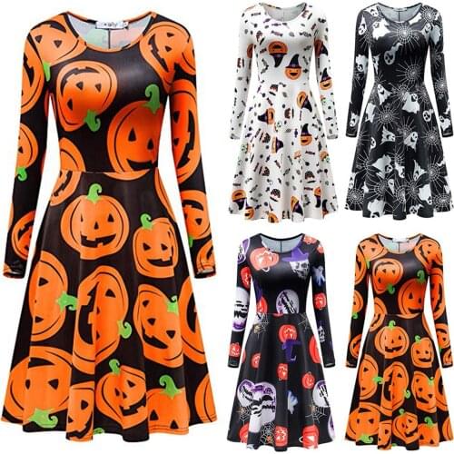 Womens Halloween Dress Long Sleeve Round Neck Casual Pumpkin Printed Dresses Flared Party Dress Mid Length A-Line Vestidos
