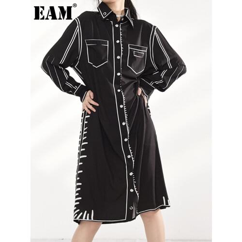 [EAM] Women Black Pattern Printed Big Size Dress New Laepl Long Sleeve Loose Fit Fashion Tide Spring Autumn 2021 1DD165701