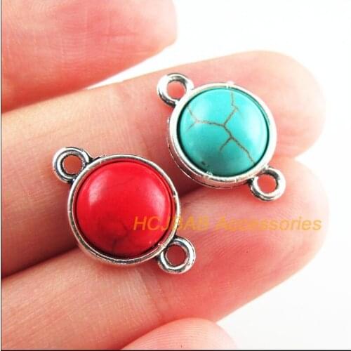 18Pcs Retro Tibetan Silver Tone Round Blue&Red Stone Charms Connectors 12x19mm