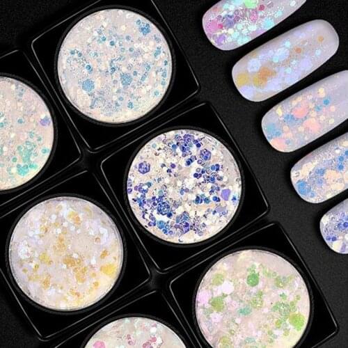 6 boxes Aurora AB Color Nail Sequins Paillette Mermaid Nail Flakes Glitter Manicure Mix Size Hexagon Slider Nail Art Decor DN508