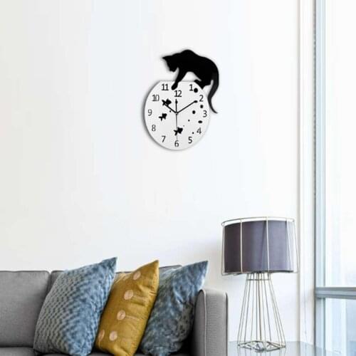 Acrylic DIY Wall Clock 3D Cat and Fish Wall Clock Large Mute Wall Stickers for Living Room Bedroom Home Decorations