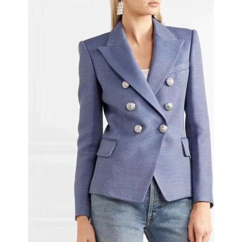 U-SWEAR Fashion Light Blue Blazers Women Double-breasted Silver Metal Lion Head Button Thick Work Office Lady Blazer Coats