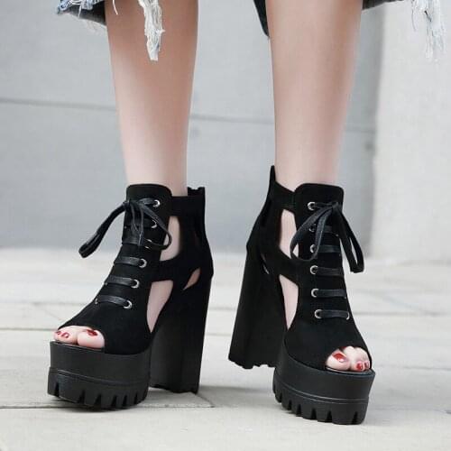 Boussac Black Punk High Heel Sandals Women Hook&Loop Chunky Heel Platform Shoes Women One Strap Summer Sandals Women Goth Shoes